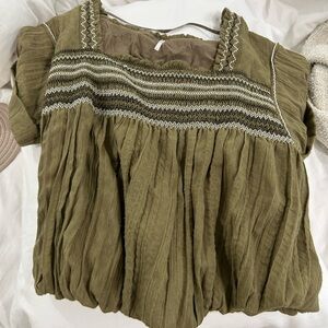 Free People Green Cap Sleeve Blouse with Pleated Smocked Design